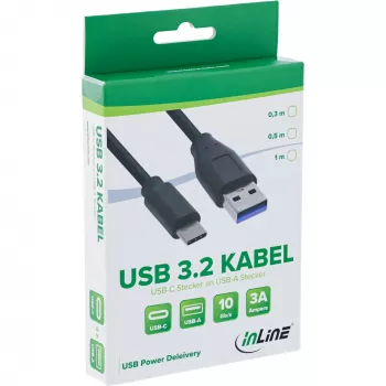 InLine USB 3.2 Gen.1x2 kabelis, USB-C vīrietis / USB-A vīrietis, melns, 0,3 m
