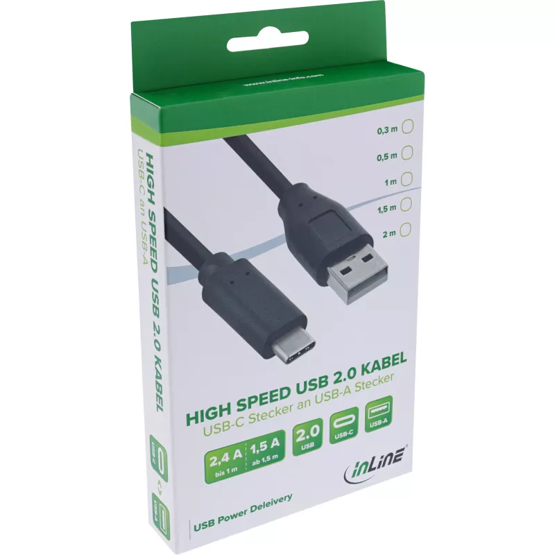 InLine USB 2.0 kabelis, USB-C vīriešu / USB-A vīriešu, melns, 0.3m