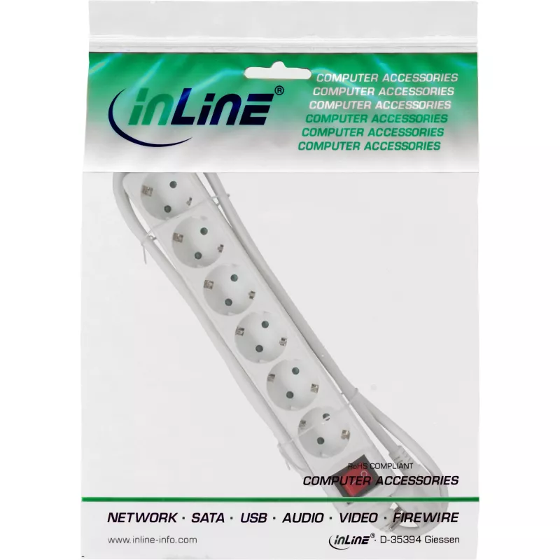 InLine 16465S 6-vietīgs pagarinātājs ar zemējuma kontaktiem CEE 7/3 balts 5m