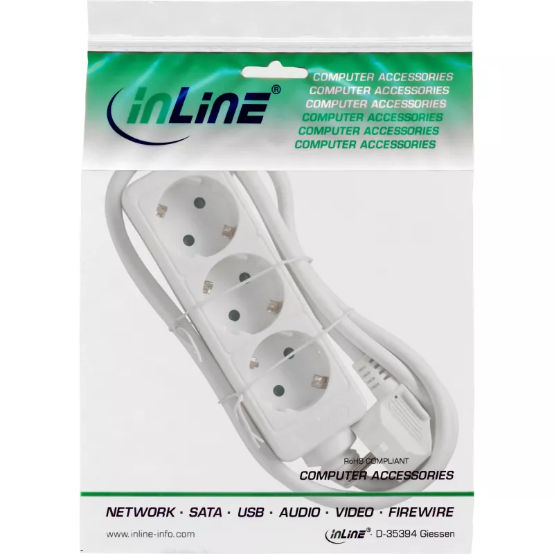 InLine 3-vietīgs zemējuma kontaktligzdu bloks CEE 7/3 balts 5m
