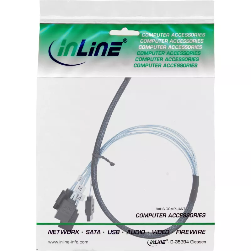 InLine Slim SAS kabelis, SFF-8654 uz 4x SATA 7-pin, 12Gb/s, 0,5m