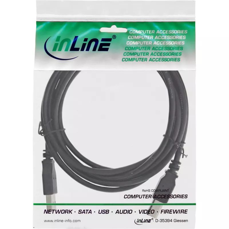 InLine 34535X USB 2.0 vads, USB-A tēviņš uz USB-B tēviņu, 480 Mbit/s, dubulta ekranēšana, 3 m, melns