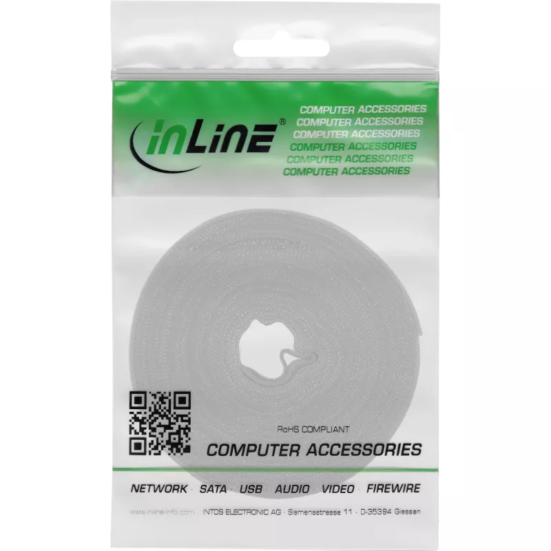 Kabeļu saites Velcro lente InLine 10 m × 16 mm balta — atkārtoti lietojama āķa un cilpas kabeļu siksna