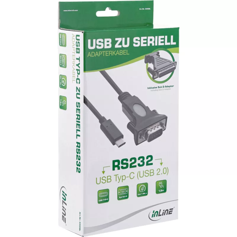 InLine USB-C uz seriālo adaptera kabelis, USB-C vīrišķais / DB9 vīrišķais, 1,8 m