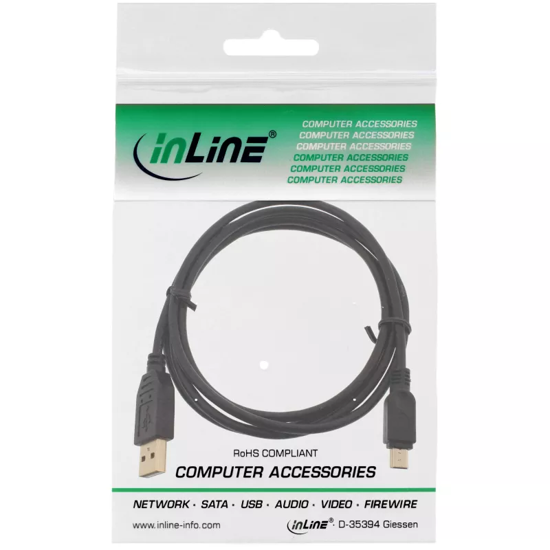 InLine USB 2.0 Mini kabelis, A tipa vīrišķais / mini-B vīrišķais (5pin), melns/zelta, 0.5m