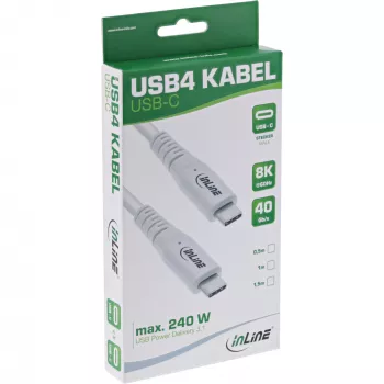 InLine USB4 kabelis, USB-C vīriešu/vīriešu, PD 240W, 8K60Hz, TPE, balts, 2m