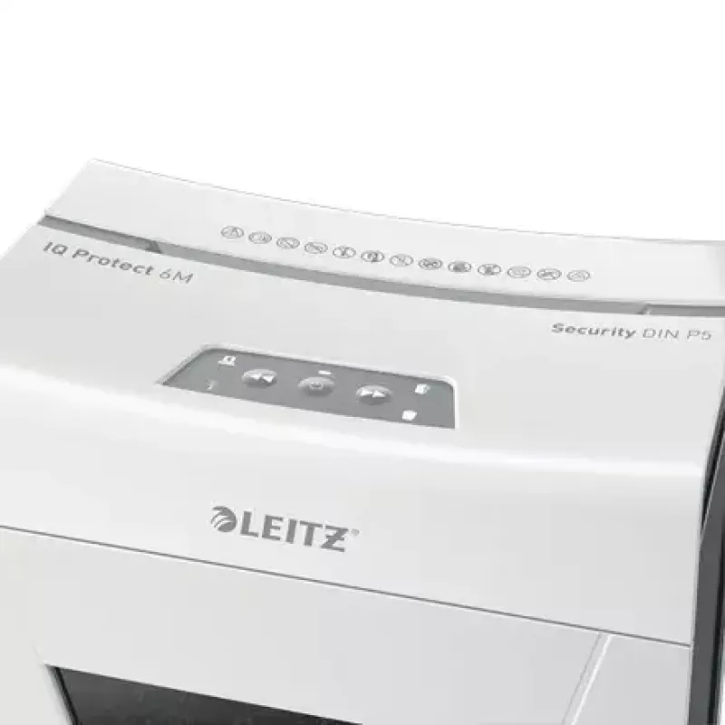 Papīra smalcinātājs LEITZ IQ Protect Premium 6M P5 — mikrošķiedru griezums, 18 L, skārienvadība, 351×204×355 mm
