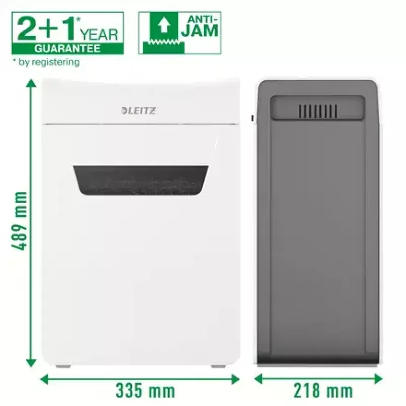 Papīra smalcinātājs LEITZ IQ Protect Premium 6M P5 — mikrošķiedru griezums, 18 L, skārienvadība, 351×204×355 mm