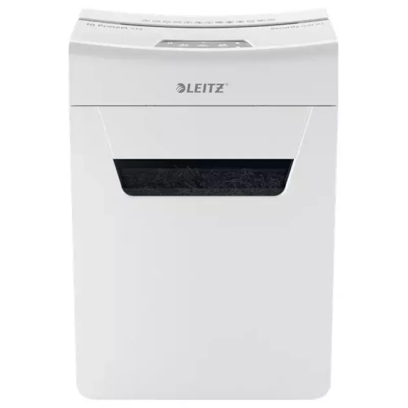 Papīra smalcinātājs LEITZ IQ Protect Premium 6M P5 — mikrošķiedru griezums, 18 L, skārienvadība, 351×204×355 mm