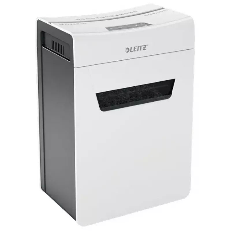 Papīra smalcinātājs LEITZ IQ Protect Premium 6M P5 — mikrošķiedru griezums, 18 L, skārienvadība, 351×204×355 mm