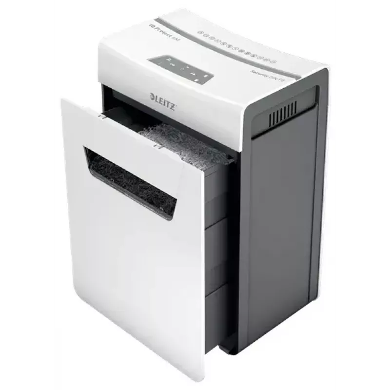 Papīra smalcinātājs LEITZ IQ Protect Premium 6M P5 — mikrošķiedru griezums, 18 L, skārienvadība, 351×204×355 mm