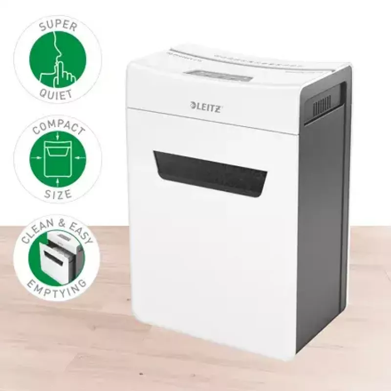 Papīra smalcinātājs LEITZ IQ Protect Premium 6M P5 — mikrošķiedru griezums, 18 L, skārienvadība, 351×204×355 mm