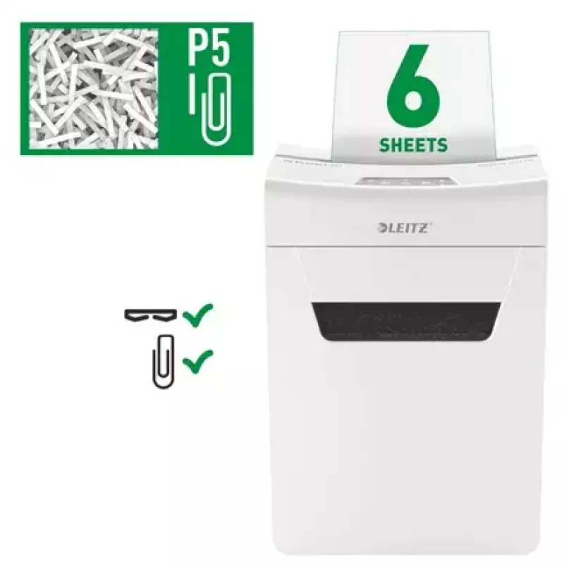 Papīra smalcinātājs LEITZ IQ Protect Premium 6M P5 — mikrošķiedru griezums, 18 L, skārienvadība, 351×204×355 mm