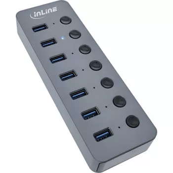 InLine USB 3.2 Gen.1 7-portu centrmezgls ar slēdžiem, alumīnijs, pelēks, ar barošanas bloku