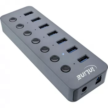 InLine USB 3.2 Gen.1 7-portu centrmezgls ar slēdžiem, alumīnijs, pelēks, ar barošanas bloku