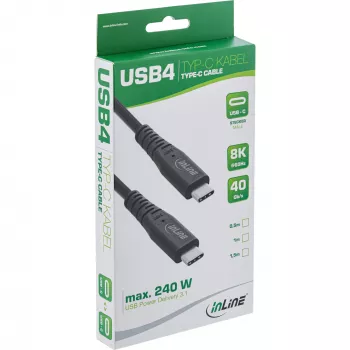 InLine USB4 kabelis, USB-C vīriešu/vīriešu, PD 240W, 8K60Hz, TPE melns 1m