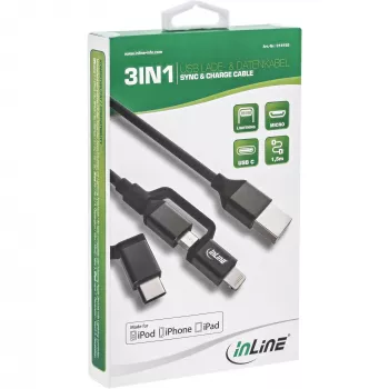 InLine 3-in-1 USB kabelis, USB-A vīriešu uz Micro-USB+USB-C+Lightning, melns/alumīnijs