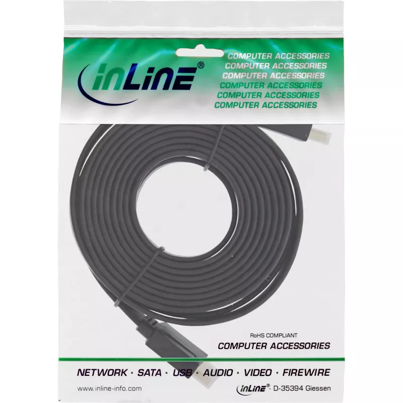 InLine HDMI plakanais kabelis High Speed ar Ethernet, zeltīti kontakti, melns, 10m