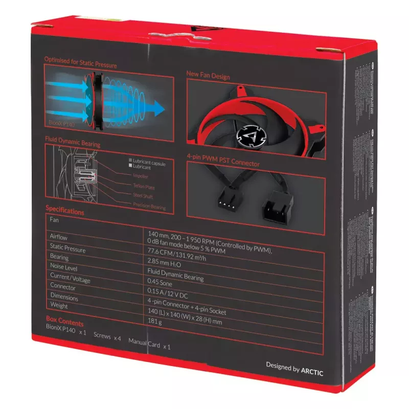 ARCTIC BioniX P140 (Sarkans) – Spiediena optimizēts 140 mm spēļu ventilators ar PWM PST