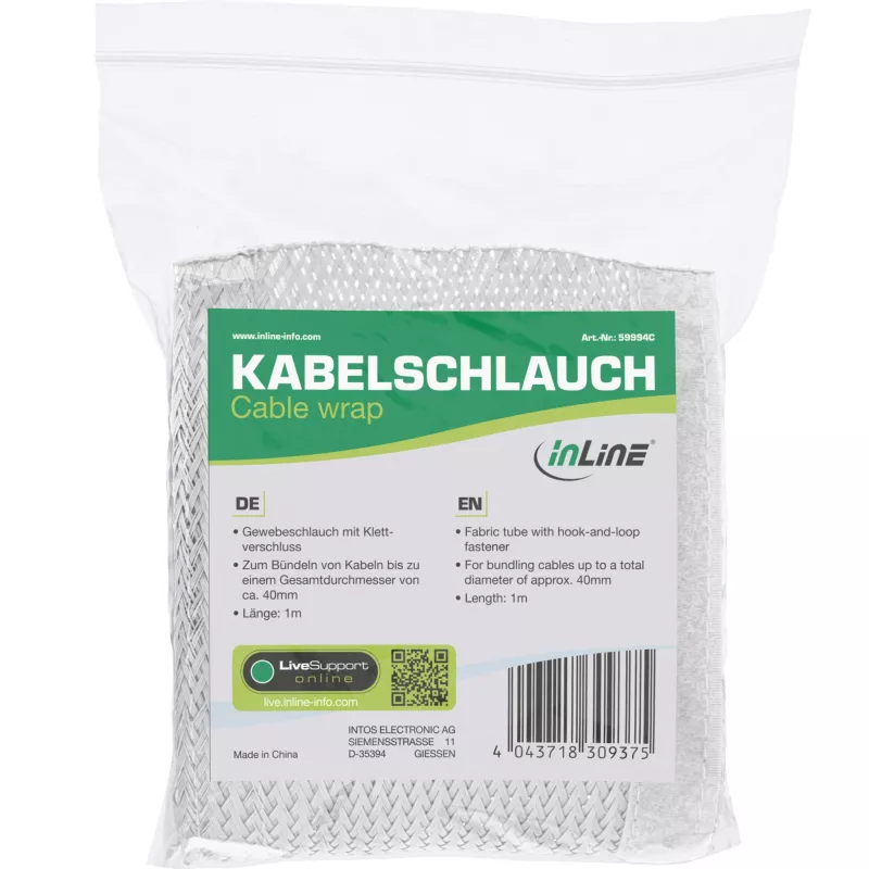 InLine auduma kabeļu uzmava ar āķu un cilpu stiprinājumu, 1 m x 40 mm, balta