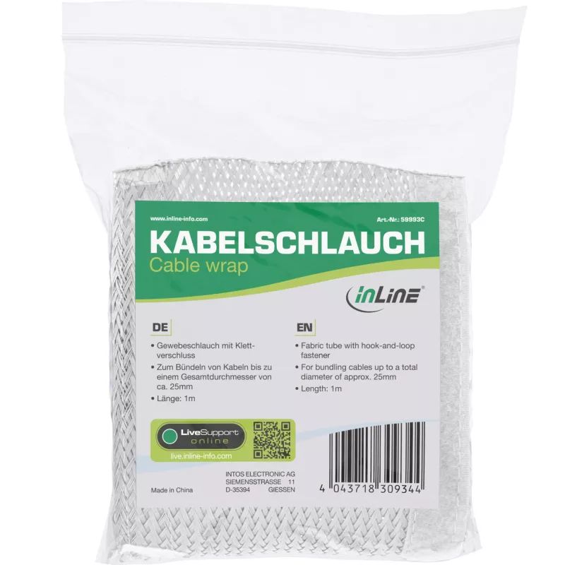 Kabeļa uzmava InLine 1 m × 25 mm, auduma šļūtene ar velcro aizdari, balta