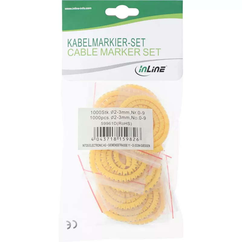 Kabeļu marķējuma caurulītes InLine 2–3 mm, cipari 0–9, 1000 gab., dzeltenas