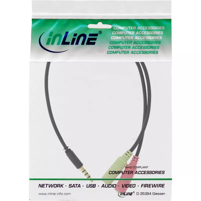 InLine Audio Adaptera Kabelis 3.5 mm vīrišķais 4 polu / 2x 3.5 mm sievišķie, melns, 0.15 m