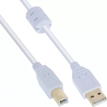 InLine USB 2.0 kabelis A tipa vīrišķais / B tipa vīrišķais, apzeltīts, ar ferīta serdi, balts, 10 m