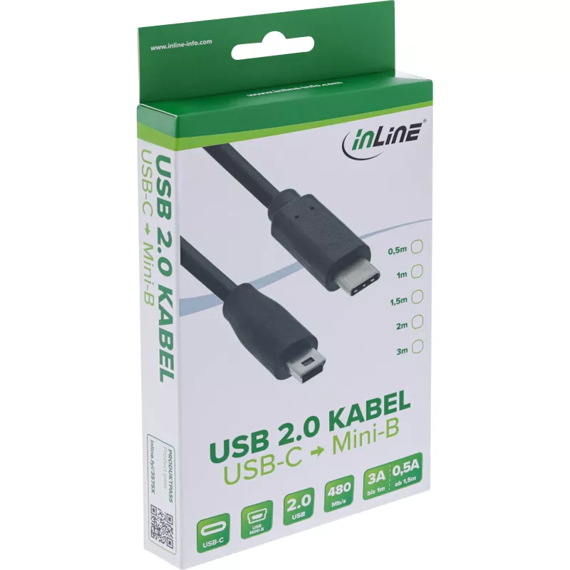 InLine USB 2.0 kabelis, USB-C vīriešu / mini-B vīriešu (5pin), melns, 1m