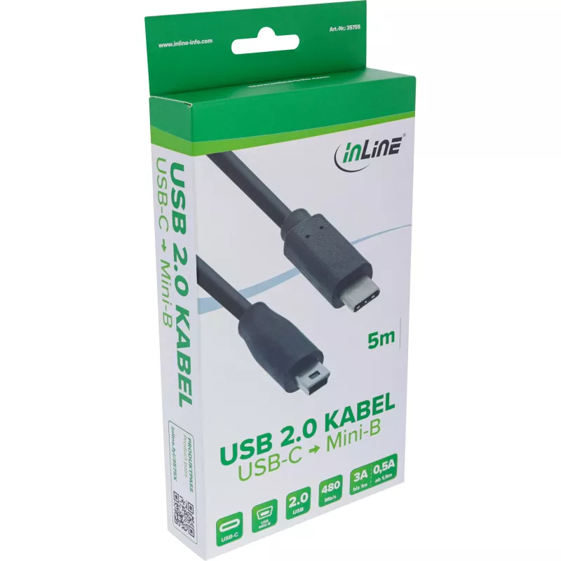 InLine USB 2.0 kabelis, USB-C vīriešu / mini-B vīriešu (5pin), melns, 5m
