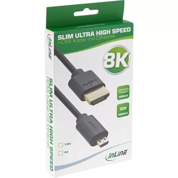 InLine Slim Ultra High Speed HDMI kabelis AM/DM 8K4K, apzeltīts, melns, 1.5m