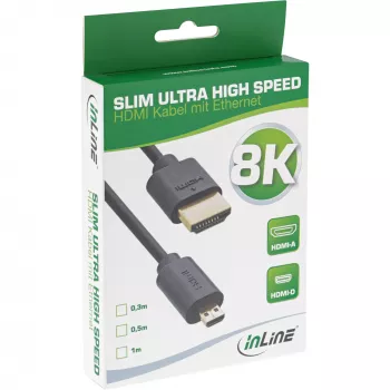 InLine Slim Ultra High Speed HDMI kabelis AM/DM 8K4K ar zeltītiem kontaktiem, melns, 1m