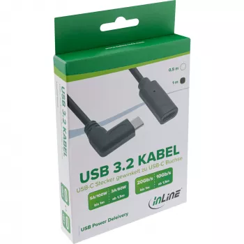 InLine USB 3.2 Gen.1x2 pagarinātājkabelis, USB-C leņķa vīrišķais / sievišķais, melns, 0,5 m