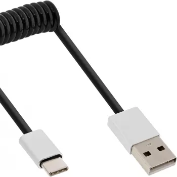 InLine USB 2.0 spirāles kabelis, USB-C vīrišķais / USB-A vīrišķais, melns/alu, 0.5m
