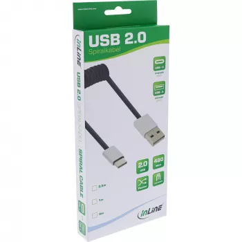 InLine USB 2.0 spirāles kabelis, USB-C vīrišķais / USB-A vīrišķais, melns/alu, 0.5m