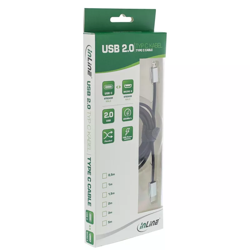 InLine USB 2.0 kabelis, USB-C vīriešu / Micro-B vīriešu, melns/alu, elastīgs, 1.5m