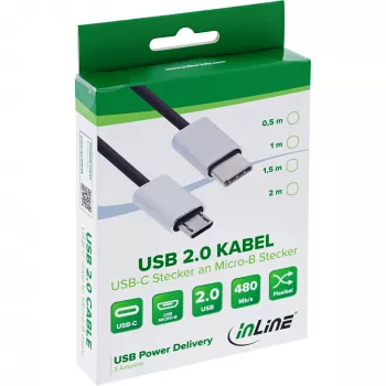 InLine USB 2.0 kabelis, USB-C vīriešu / Micro-B vīriešu, melns/alumīnijs, elastīgs, 0,5 m