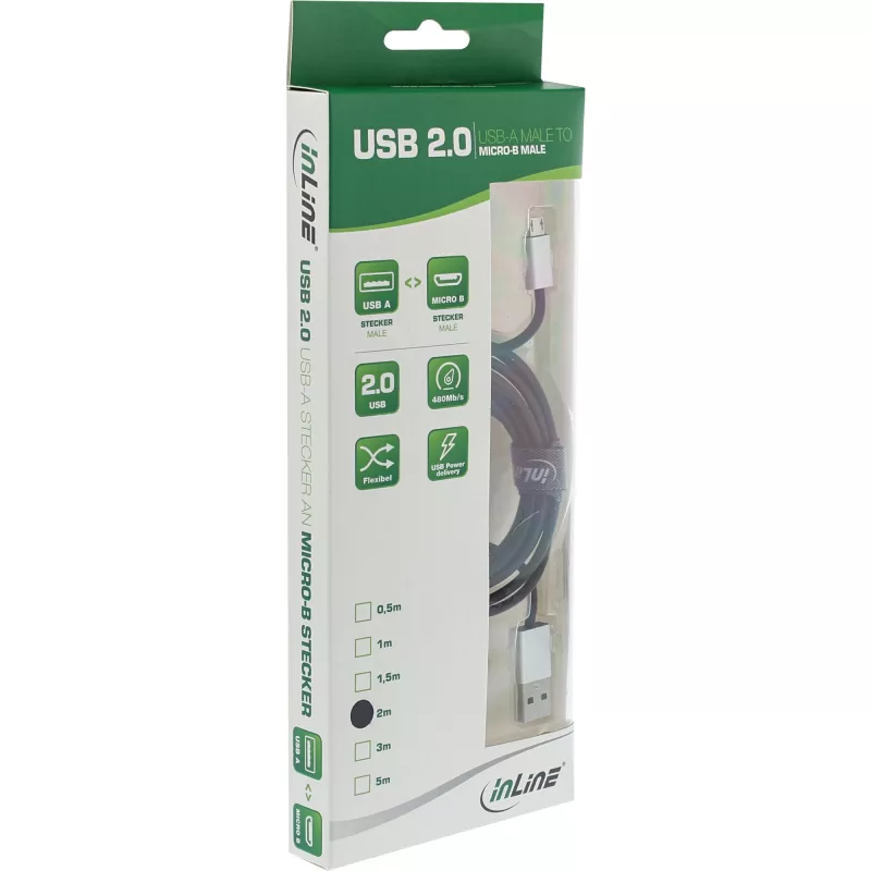 InLine Micro-USB 2.0 kabelis, USB A / Micro B vīriešu/vīriešu, melns/alu, elastīgs, 1m