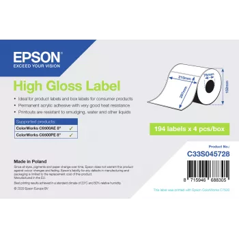 Epson C33S045728 pašlīmējošās printera etiķetes, baltas, 76 mm x 127 mm, 194 gab.