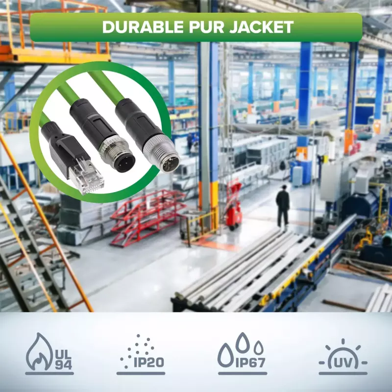 InLine industriālais tīkla kabelis, M12 4-pin D-kodēts vīrišķais spraudnis uz RJ45, PUR 3m