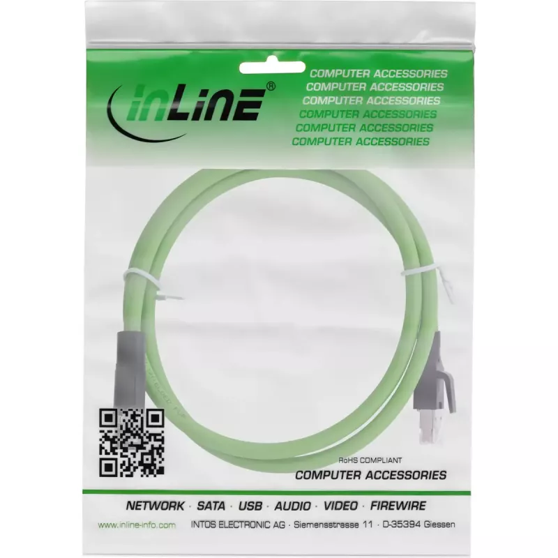 InLine industriālais tīkla kabelis, M12 4-pin D-kodēts vīrišķais spraudnis uz RJ45, PUR 3m