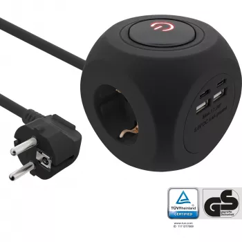 InLine Charging Cube 16499B 3x zemējuma kontakts 2x USB-C 2x USB-A melns 2m