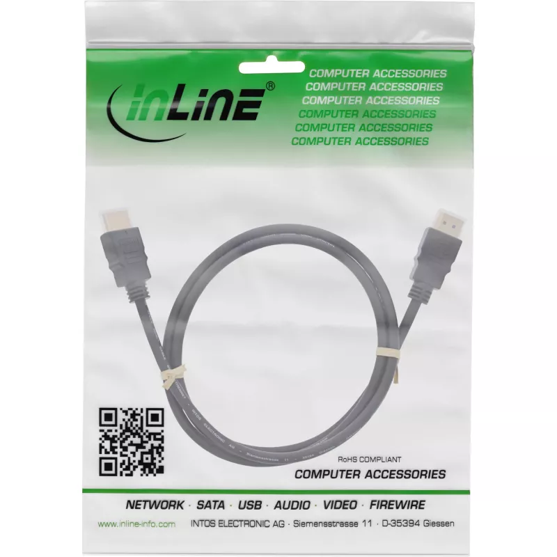 InLine HDMI kabelis, HDMI High Speed with Ethernet, spraudnis/spraudnis, melns, 0.5 m (17550)
