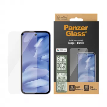 Aizsargstikls PanzerGlass Google Pixel 9a Ultra-Wide Fit, izturīgs pret skrāpējumiem un triecieniem