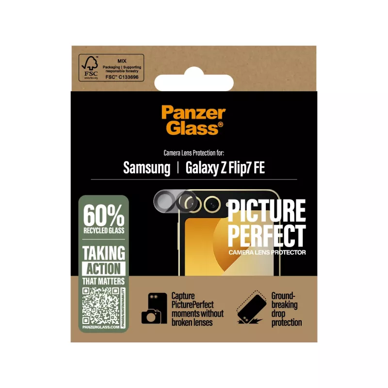 PanzerGlass PicturePerfect kameras lēcu aizsargs Samsung Galaxy Z Flip7 FE — rūdīts stikls, silikons, caurspīdīgs, 1 gab.