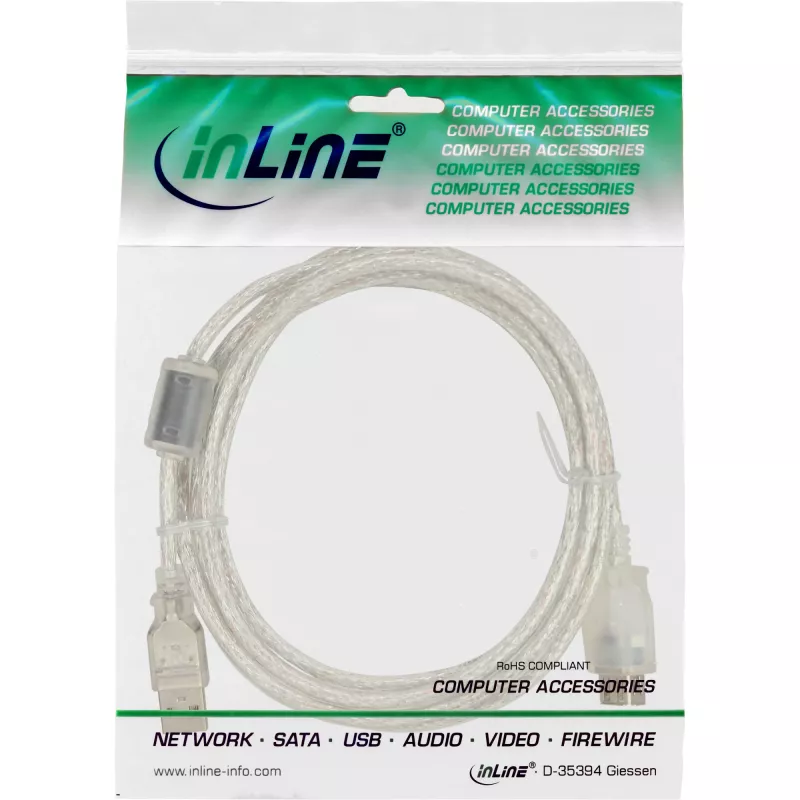 InLine USB 2.0 pagarinātājkabelis A tipa tēviņš/mātīte, caurspīdīgs, ar ferītu, 5m