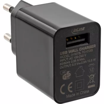 InLine USB barošanas adapteris, viens ports, 100–240V uz 5V/2.5A, melns