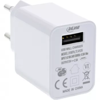 InLine USB barošanas adapteris Single, 100-240V uz 5V/2.5A, balts