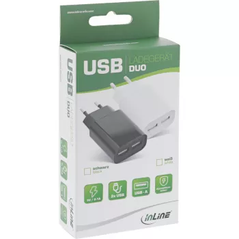 InLine USB Lādētājs DUO, 2 Porti 100-240VAC uz 5V / 2.1A balts