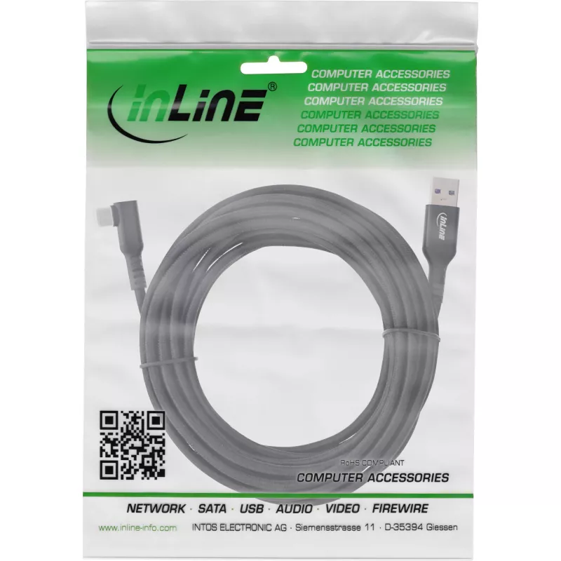 InLine USB 3.2 Gen.1 kabelis, USB-C leņķa spraudnis - USB-A spraudnis VR, melns, 5m